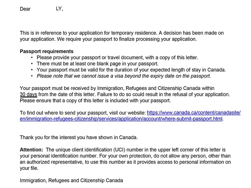 Hình anh thư thông báo đậu visa canada online